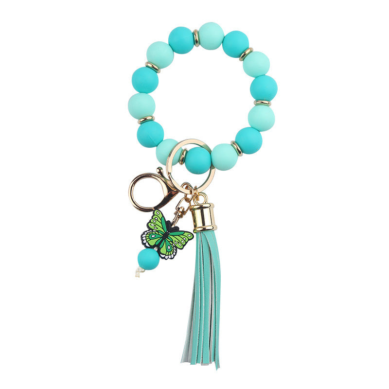 Wholesale PU Tassel Beaded Cartoon Butterfly Pendant Rainbow Leather Keychain